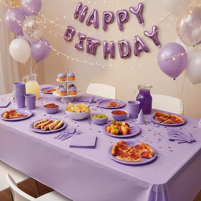 Lavender Plastic Plates for Party,30 Guest Disposable Plastic Plate Set 9" Plates,7" Dessert Plates,Napkins,Cups,Forks & Tablecloth for Baby Shower,Wedding,Birthday,Afternoon Tea Party