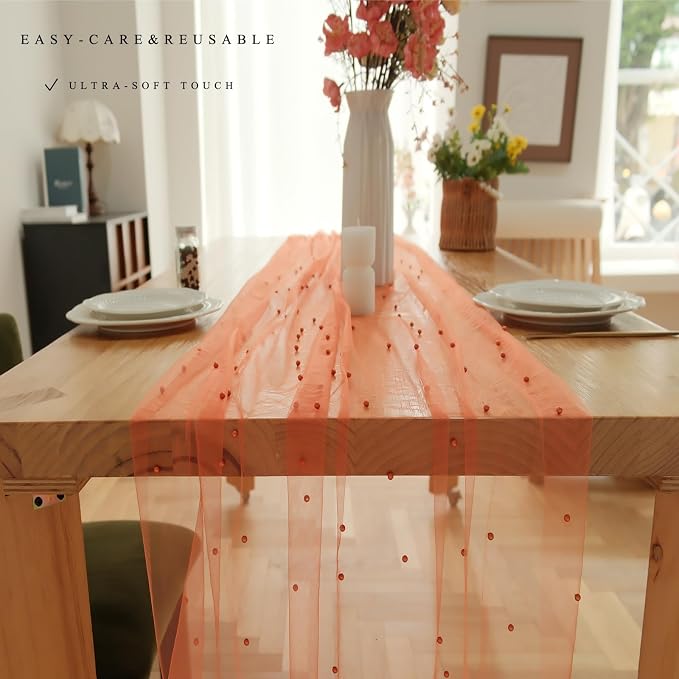 Set of 6 Pearl Table Runner 10ft, 29 * 120 Inch Orange Table Cloth Sheer Tulle Table Cover,Pearl Table Runner for Wedding Party Baby Shower Birthday Home Decor