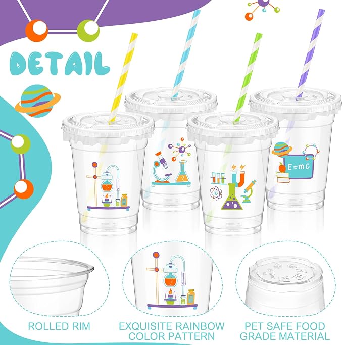 FoldTier 50 Pcs Science Cups 12 oz Disposable Plastic Cups with Straws and Lids Science Clear mug Birthday mugs Supplies Birthday Table Decorations Party Favor
