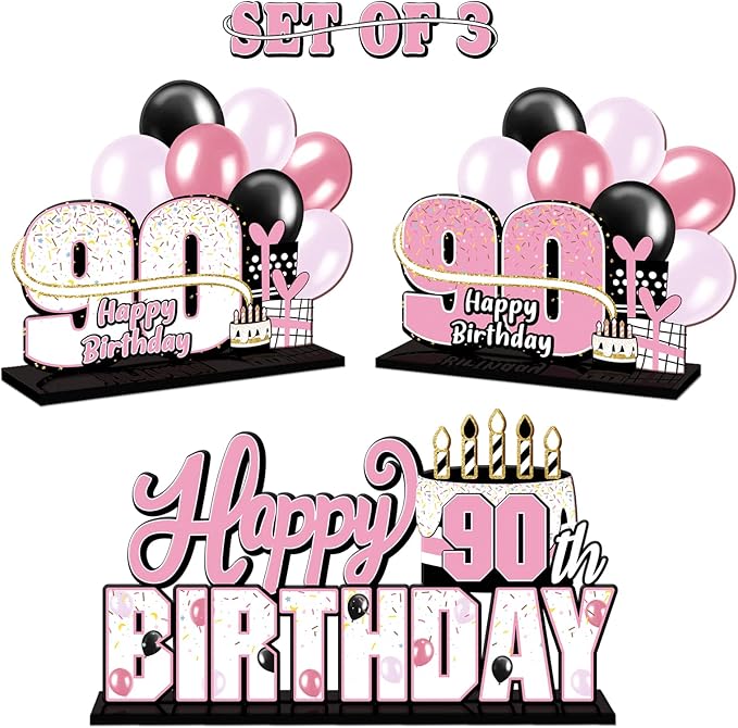 LINGTEER Happy 90th Birthday Pink Acrylic Table Topper Centerpieces Set - Cheers to 90 Years Old Birthday Ninety Bday Party Gift Decorations.