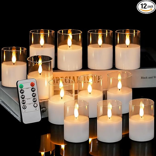 VIODAIM 12Pack Glass Flickering Flameless Candles with Remote, 2"X3" Real Wax Votive Candles Battery Operated, Small Electric LED Candles for Wedding Home Decor, w/4 Timers+2 Lighting Modes [Clear]