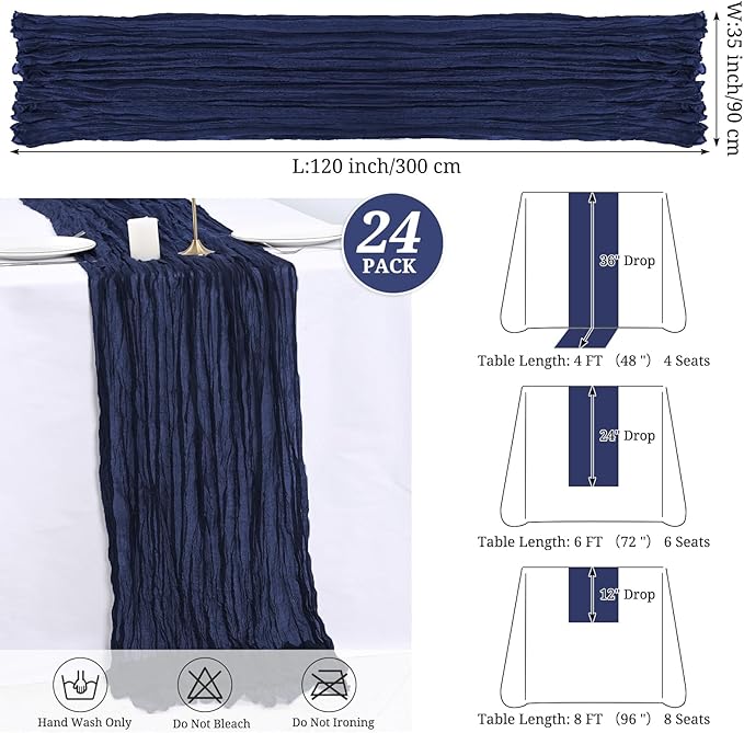 24 Pack Navy Blue Cheesecloth Table Runner,10FT Boho Gauze Table Runner,35x120inch Rustic Table Runners for Wedding Party Bridal Shower Thanksgiving Christmas Boho Table Decoration