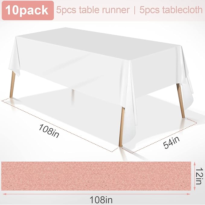 Shimeyao 10 Pcs Rose Gold Table Runner and Tablecloth White Rectangle 54 x 108 Inch Table Cover Sequin 12 x 108 Inch Runners Disposable Plastic Tablecloth for Wedding Baby Shower Birthday