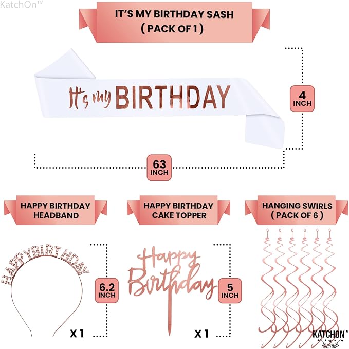 KatchOn, Rose Gold Birthday Decorations Set - Pack of 47 | Banner, Balloons, Pompoms, Headband, Sash & Fringe Curtains | Birthday Decorations for Women Girls | Girls Birthday Party Decorations