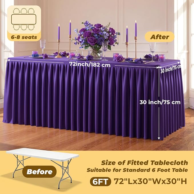 Purple Polyester Table Cloths for Rectangle 6 Foot Tables, 2 Pack Wrinkle Free Tablecloths Stretchy Banquet Ruffle Fitted Table Cover Desk Skirt for Parties Wedding Birthday Baby Shower
