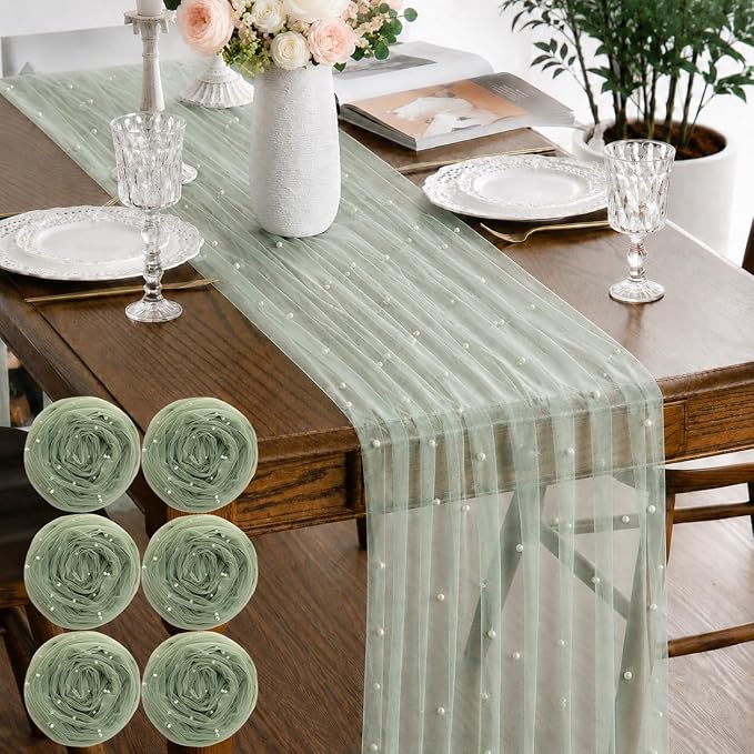 Pearl Sage Gauze Pearl Table Runner 120 Inch 10FT, Seasonal Sheer Dining Holiday Wedding Birthday Baby Shower Tulle Summer Table Decor for Home Party