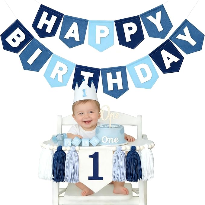 Navy Blue 1st Birthday Decorations for Boy -high chair banner first birthday boy Felt Happy Birthday Banner，birthday cake topper & Crown Hat,All-in-one First Birthday Decor Kit for Baby Boy