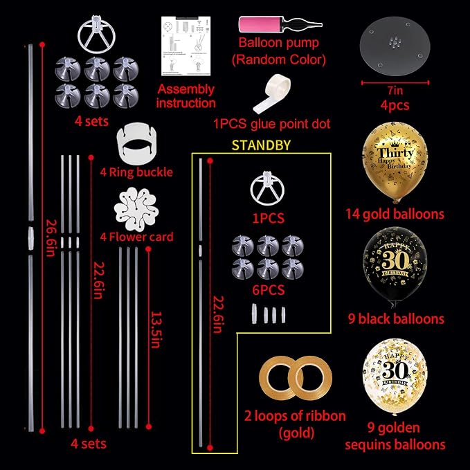 TONIFUL 4 Set Black Gold Balloon Stand Kit for Birthday Decorations for 30th,Balloon Centerpieces for Table Party Decorations Cheers to 30 Years Old Birthday for Men and Women
