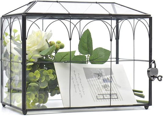 Large Black & Glass Card Box for wedding w/ Lock & Slot - Wedding Envelope Card Holder for Reception Clear Lock Box w/ Key Geometric Handmade Vintage Card Box for Wedding Party (middle-Black)