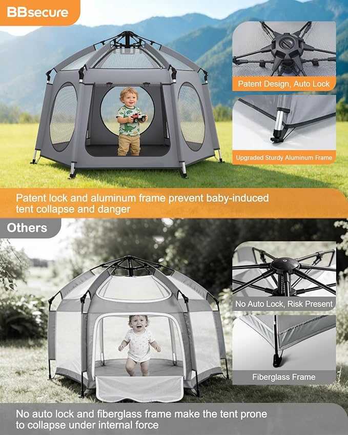 Pop Up Baby Play Pen with Auto-Lock & Aluminum Frame | Instant Setup Portable & Foldable Playpen with Carry Bag, Outdoor Baby Tent with Canopy for Beach, Backyard, Travel & Camping