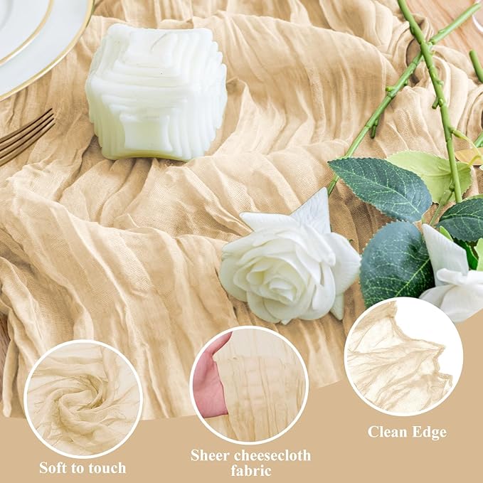 Wokceer Cheesecloth Table Runner 12Pack 10FT Sand Christmas Gauze Cheese Cloth Table Runner for Party Long Rustic Sheer Table Runners for Baby Bridal Shower Wedding Easter Decor