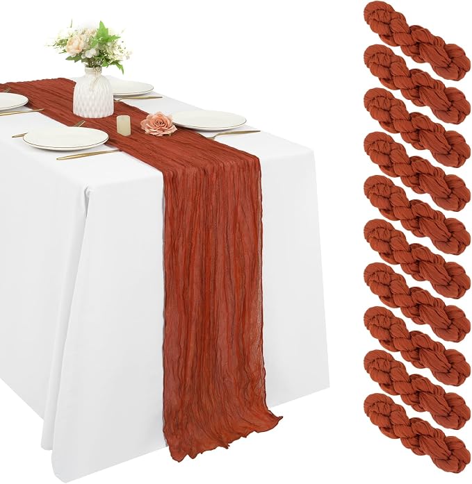 10 Pack Cheesecloth Table Runner 17 x 108 inch Long Boho Gauze Table Runners Semi Sheer Table Runner for Wedding Decor, Baby Shower, Birthday Party, Banquet (Terracotta)