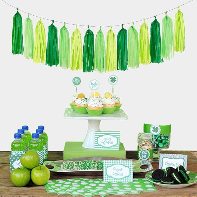 Green Party Decorations Tissue Pom-Poms - 23pcs St Patricks Day Paper Flowers Streamers,Spring Summer Wedding Engagement Tassel Garland Banner,Birthday Baby Bridal Shower Decor Ouruola