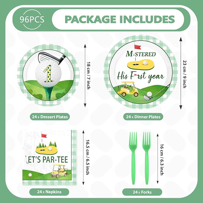 96 Pcs Golf Party Decorations for His First Year Golf Birthday Plates and Napkins Disposable Let’s Par-Tee Tableware Set for Boys Girls 1st Hole in One Birthday Baby Shower Party Supplies Serves 24