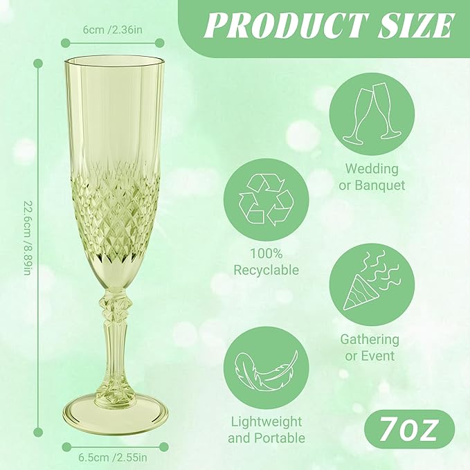 Plastic Champagne Flutes, Champagne Glasses Bulk, Reusable Unbreakable Acrylic Wine Glasses Goblets for Weddings Bachelor Parties Toasting Bridal Shower (24, Green)