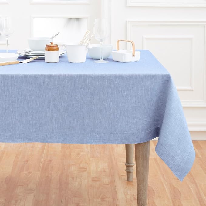 Solino Home Linen Cloth Tablecloth 52 x 52 Inch - 100% Pure Linen Chambray Blue Square Tablecloth - Athena, Machine Washable Table Throw for Summer