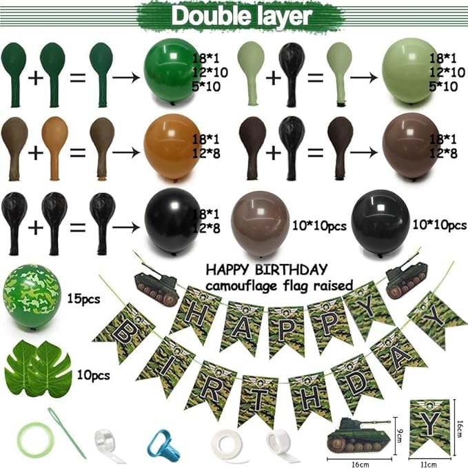 Camo Balloon Arch Garland Kit Double Stuffed Dark Green Brown Black Balloon Latex Sage Olive Green Black Balloons for Dinosaur Birthday Woodland Jungle Hunting Theme Camo Baby Shower Party Decor