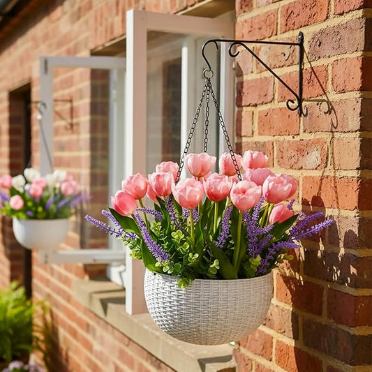 Artificial Tulips Flowers Hanging Basket for Indoor Outdoor, Realistic Pink Fake Flowers, with Lavender & Eucalyptus in White Woven Pot, for Home Garden Yard Porch Summer Mother's Day Decor