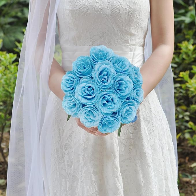 Light Blue Roses Artificial Flowers,30PCS Fake Glitter Roses with Stem for Wedding Bouquet Party Christmas Home Decor(Light Blue)