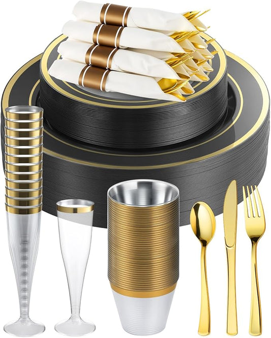 Goodluck 320PCS Black Gold Disposable Plastic Dinnerware Set for 40 Guests, Include 40 Dinner Plates, 40 Dessert Plates, 40 Napkins with Silverware, 40 Cups, 40 Champagne Glasses, for Various Parties