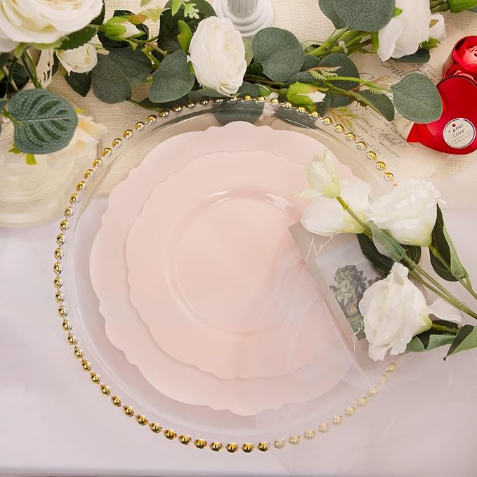 WDF 60pcs Pink Plastic Plates - Baroque Pink Disposable Plates Including 30 Dinner Plates 10.25inch, 30 Dessert Plates 7.5inch for Upscale Wedding/Baby Shower/Spring/Mother's Day