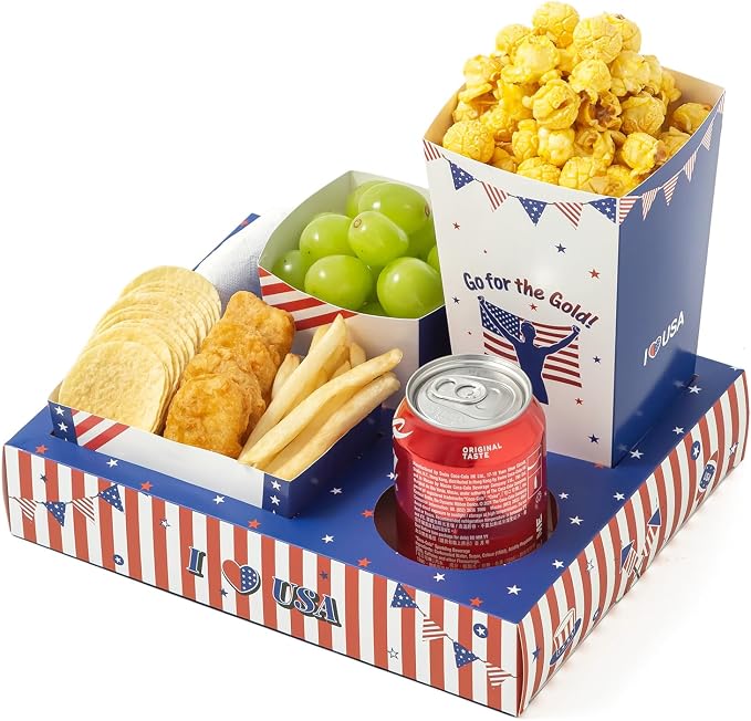 Baffect Patriotic Movie Night Snack Trays 100pcs Include 20 Red White Blue Snack Trays, 20 Popcorn Boxes, 20 Salad Bowls, 20 Nacho Bowls, 20 Party Invitations, 4th Of July Movie Night Supplies