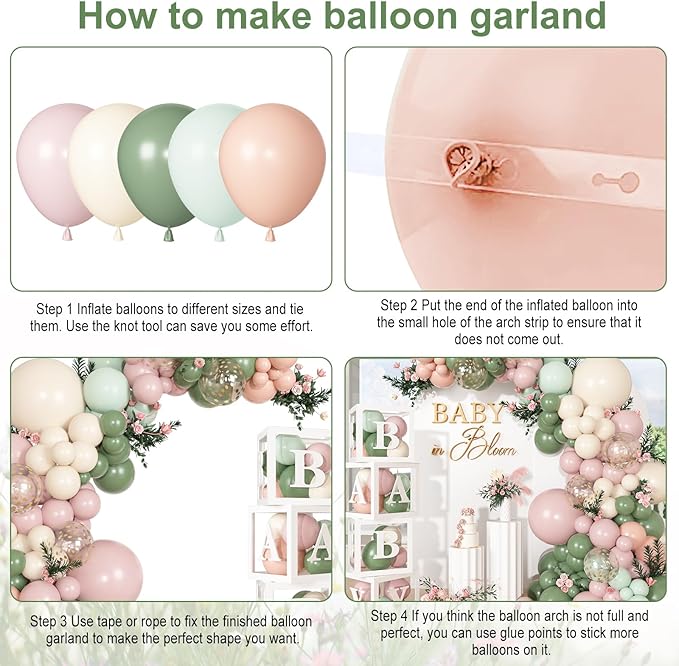 153Pcs Pink and Sage Green Balloon Arch Kit, Baby in Bloom Baby Shower Decorations for Girl Boxes with Letters (A-Z+Baby) for Boho Floral Baby Shower Birthday Gender Reveal Party Supplies