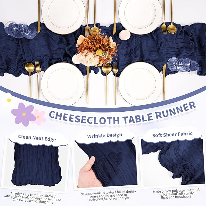 6 Pack Cheesecloth Table Runner,Navy Blue Table Runner Long Romantic Semi Sheer Rustic Boho Gauze Table Runners for Wedding Bridal Shower Birthday Party Decorations(17.7×108 Inch)