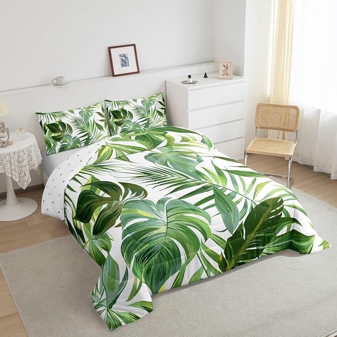 jejeloiu Green Palm Leaf Comforter Set Queen Size Kids Green Tropical Leaves Pattern Bedding Set for Boys Girls Summer Tree Branches Nature Theme Duvet Quilt Room Decor