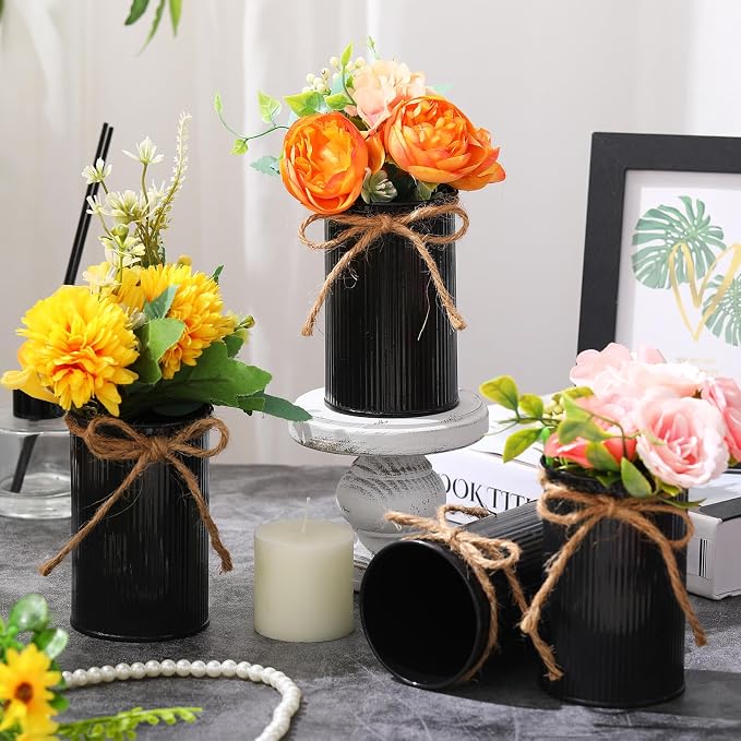Rustic Vase for Table Centerpieces 4.33 Inch Small Petite Flower Vase with Twine Bow Vintage Farmhouse Decor for Wedding Reception Dining, Home Galvanized Metal Buckets(Black,12 Pcs)