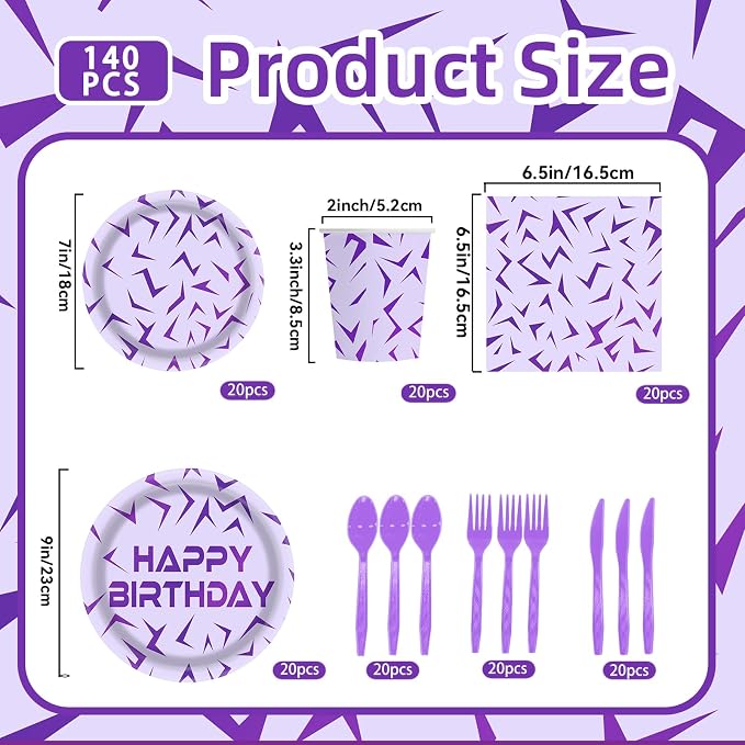 Demon Hunter Party Plates Set 140 Pieces, 20 Guests Heavy-Duty Disposable Dinnerware Set Includes Purple Holographic Laser Energy Pattern Plates, for Birthday Wedding for Party