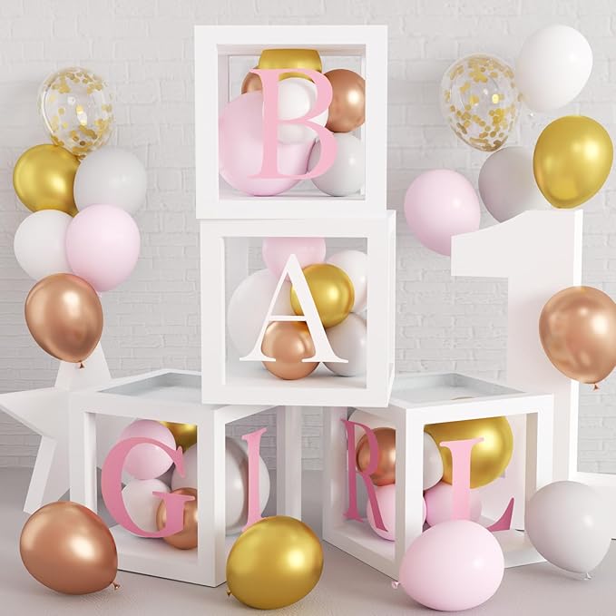JOGAMS Elephant Baby Shower Decorations for Girl 234Pcs with Baby Boxes Letter Backdrop Tablecloth Cupcake Cake Topper Gold Star 4D Foil Confetti Balloons for Elephant Theme Baby Shower Birthday Party