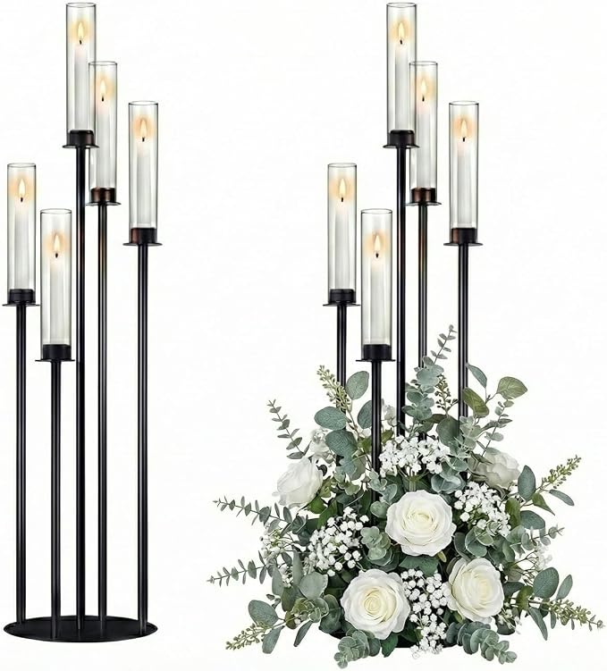 Black Candelabra with Glass Cylinders for Real Candles 5 Head Metal Candle Holder Wedding Centerpiece Ceremony Reception Event Party Home Decoration (2, L)