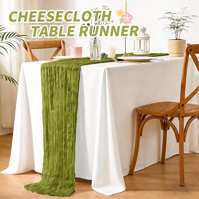 6 Pack Olive Green Cheesecloth Table Runner,Long Romantic Semi Sheer Rustic Boho Gauze Table Runners for Wedding Bridal Shower Birthday Party Decorations(17.7×108 Inch)