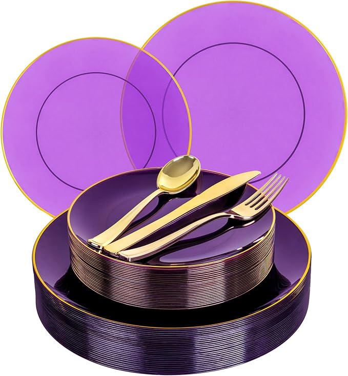 YOUBET 125PCS Purple Plastic Plates - Purple Disposable Plates With Gold Rim - Include 50 Dinner & Dessert Plate, 75 Gold Cutlery Perfect for Wedding Parties & Party