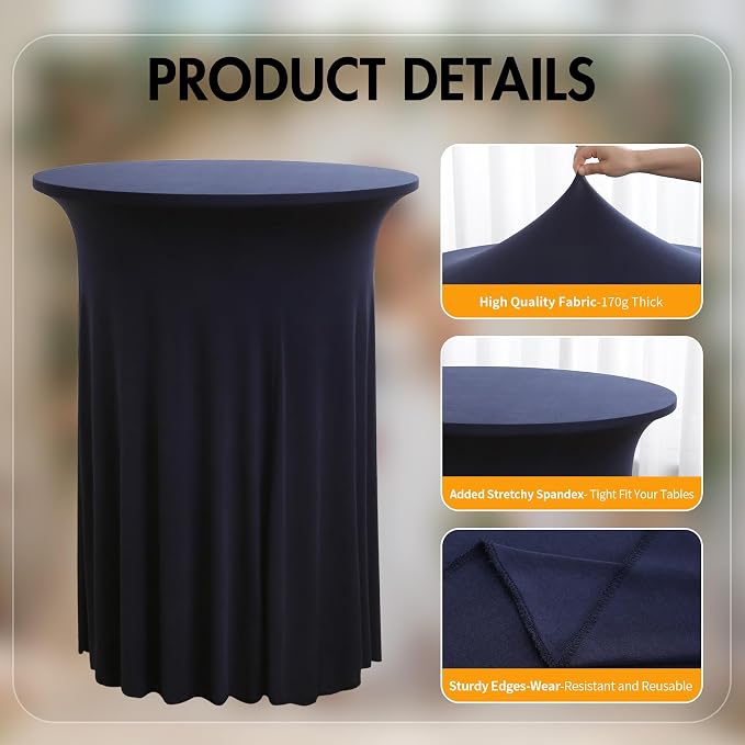 4 pk Navy Blue Cocktail Table Cloth Round 32×43in-High Top Highboy Bar Cocktail Tablecloths-Wrinkle Free Stretchy Fitted Spandex Table Covers with Ruffle Desk Skirt for Wedding Banquet Party Tables