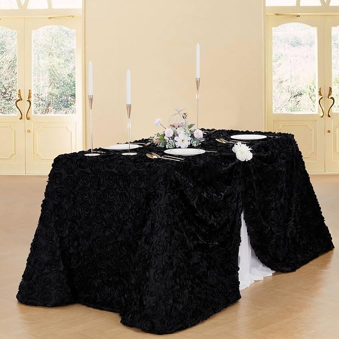 Fanqisi Black 3D Floral Satin Raised Rosettes Tablecloth Rectangular 50x102 Inches Rosette Tablecloth for Wedding Baby Shower Table Bridal Shower Meeting Events Decoration