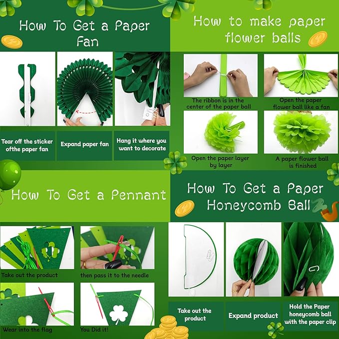 24 Pcs Green Birthday Decorations Set - Hanging Paper Fans Pom Poms Honeycomb Balls Lucky Clover Banner, Party Supplies for Jungle Safari Woodland Baby Shower Spring Events