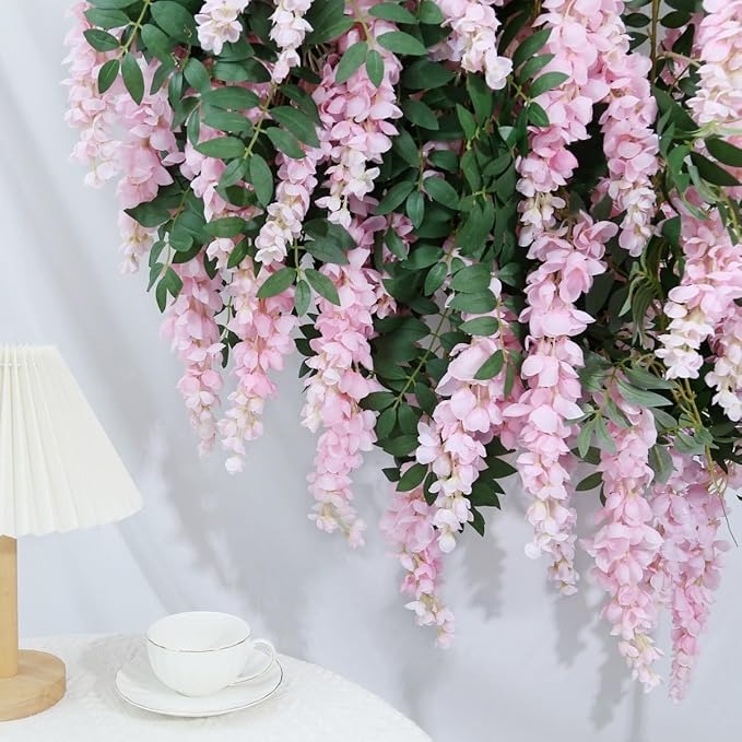 1pc/2pcs Encrypted Flower Vine Wisteria Artificial Flowers Garland,White Wisteria Hanging Flowers Flower Garland Decorations for Home Garden Outdoor Ceremony Wedding Arch Decoration (Pink, 1pc)