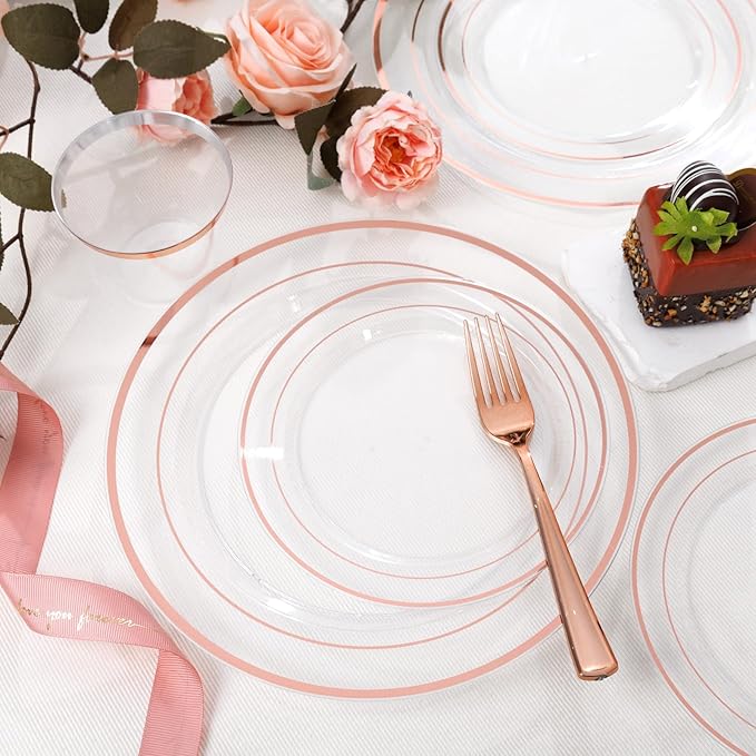 bUCLA 600PCS Clear Rose Gold Plastic Dinnerware Set Disposable - Include 100 Dinner Plates, 100 Dessert Plates, 100 Knives, 100 Forks, 100 Spoons, 100 Cups for Party, Wedding & Mother's Day