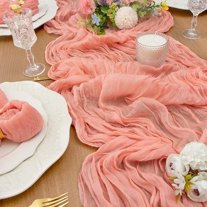 FEXIA Pink Cheesecloth Table Runner Spring Decor Easter Table Runner 35x120 Inches for Mother's Day Bridal Shower Tea Party Baby Shower Wedding Decor Table Centerpiece Decorations