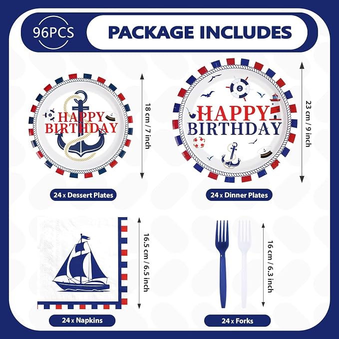 96 Pcs Nautical Birthday Party Decorations Sailing Party Decoration Plates and Napkins Red White and Blue Tableware Set for Boy Happy Birthday Baby Shower Nautical Theme Celebrations Serves 24