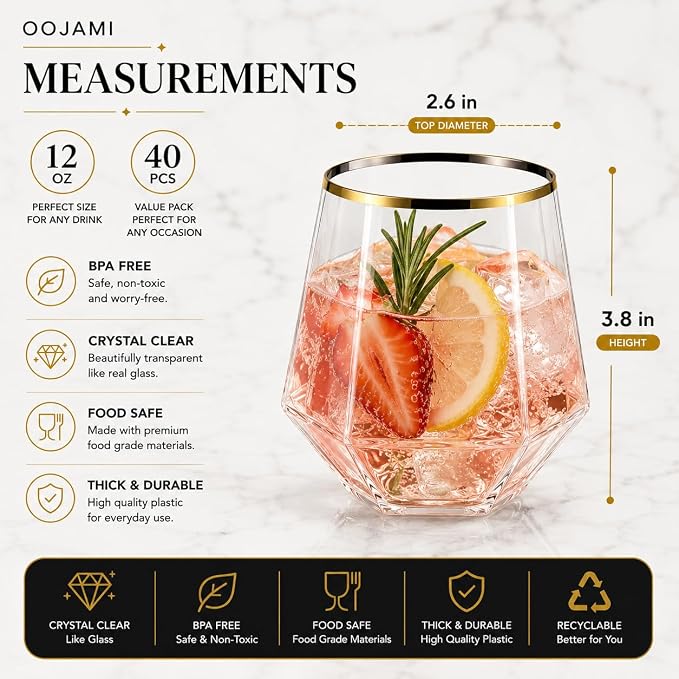 Oojami 40 count Diamond 12 Ounce Gold Rim Cups Unbreakable Stemless Plastic Wine Champagne Whiskey Glasses Elegant Durable Disposable Indoor Outdoor Ideal for Home, Office, Bars, Wedding (Gold)