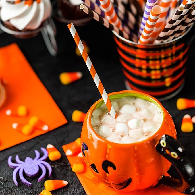 PakTalk 100 Pack Orange Straws, Disposable Orange and White Striped Spritz Straws Compatible with Aperol Spritz Glasses, Cocktails, Lemonade, Party (0.24" x 7.75")