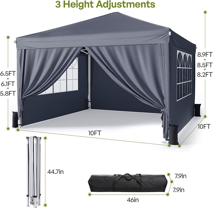 10x10 Pop Up Canopy with Sidewalls, Instant Portable Canopy Tent with Carry Bag for Commercial Events, Camping, Parties - Dark Grey