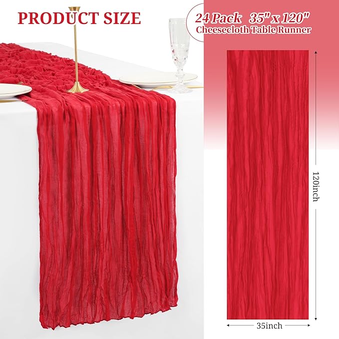 24 Pack Christmas Table Runner 10FT Red Cheesecloth Table Runner 35 x 120 Inch Long Semi-Sheer Gauze Fabric Boho or Rustic Wedding Table Decor for Bridal Shower Baby Shower Holiday Party