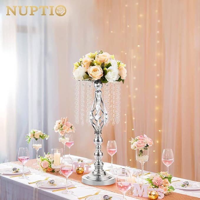 2 Pcs 19.3 inches Tall Crystal Flower Stand Wedding Road Lead Tall Flower Holders Centerpiece Crystal Flower Chandelier Metal Flower Vase for Reception Tables Wedding Supplies