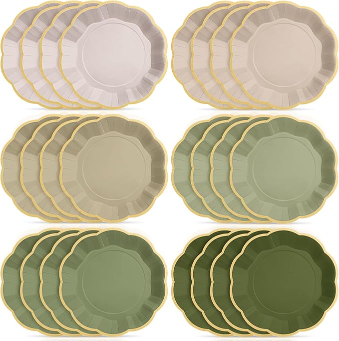 72 Pcs Sage Green Color Paper Plates 9 Inch Green Gradient Scalloped Paper Disposable Dinner Dessert Plates for Birthday Wedding Bridal Party Supplies, 6 Colors