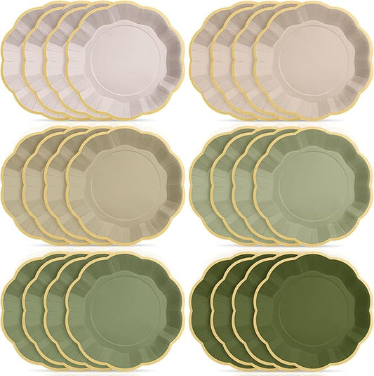 72 Pcs Sage Green Color Paper Plates 9 Inch Green Gradient Scalloped Paper Disposable Dinner Dessert Plates for Birthday Wedding Bridal Party Supplies, 6 Colors