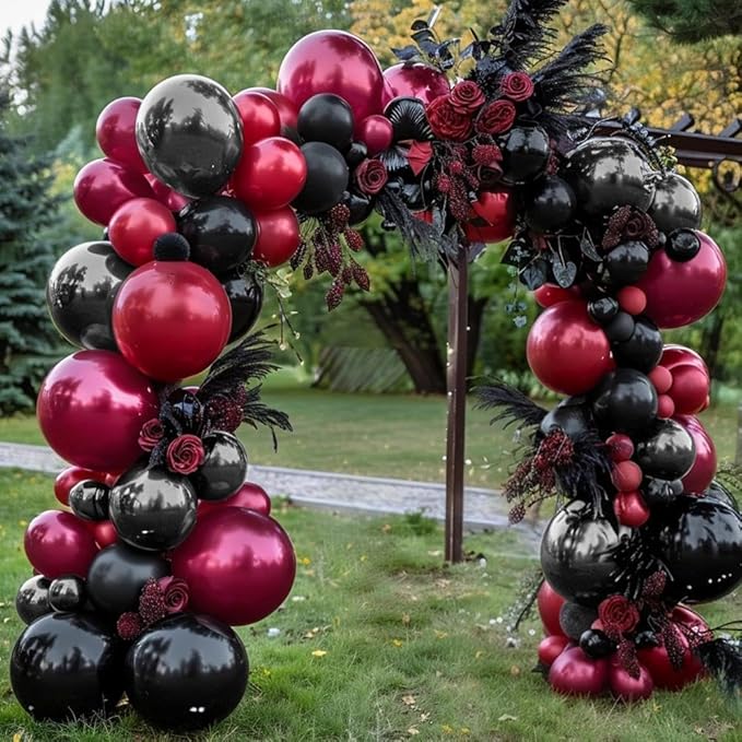 Black Red Balloons Thick Double Stuffed Black Burgundy Balloon Garland Arch Kit for Gothic Vampire Till Death Do Us Rip To Twenties Halloween Birthday Party Decorations